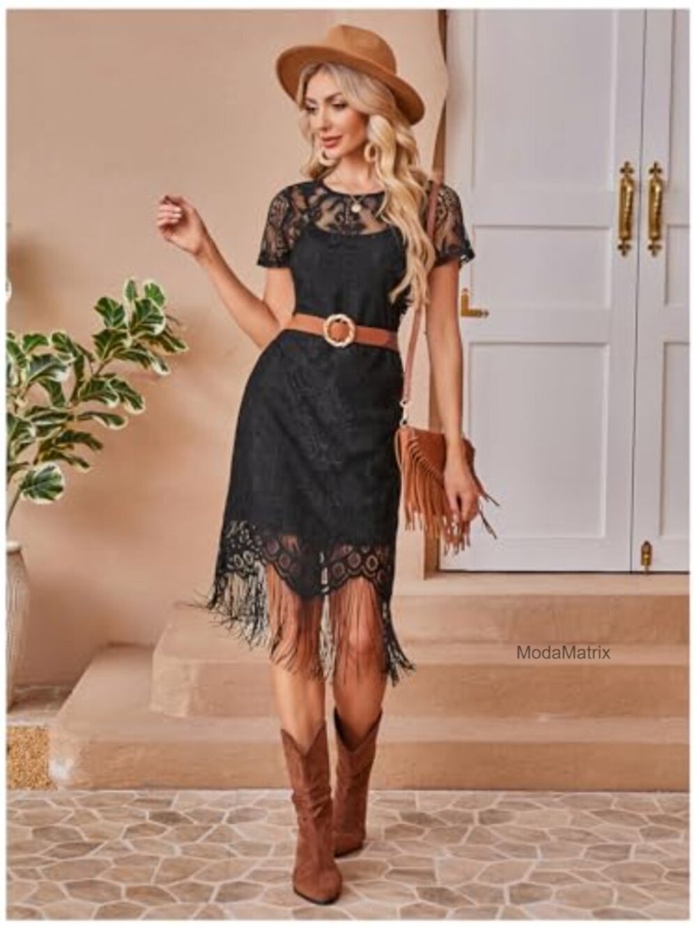 Women's Western 2 Piece Fringe Dress Set Midi Boho Layered - Picture 6 of 7